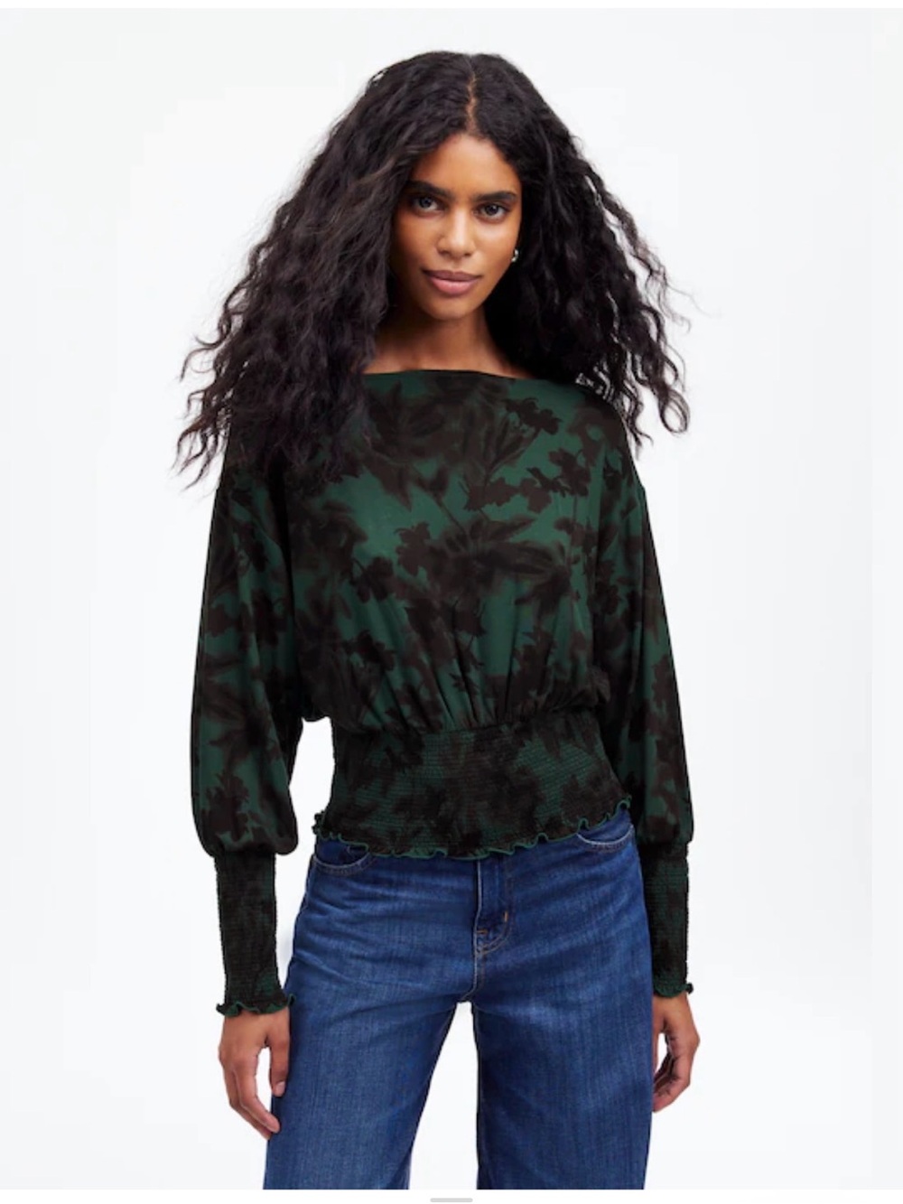 Madewell Green and Black Floral Blouson Long-Sleeve Top